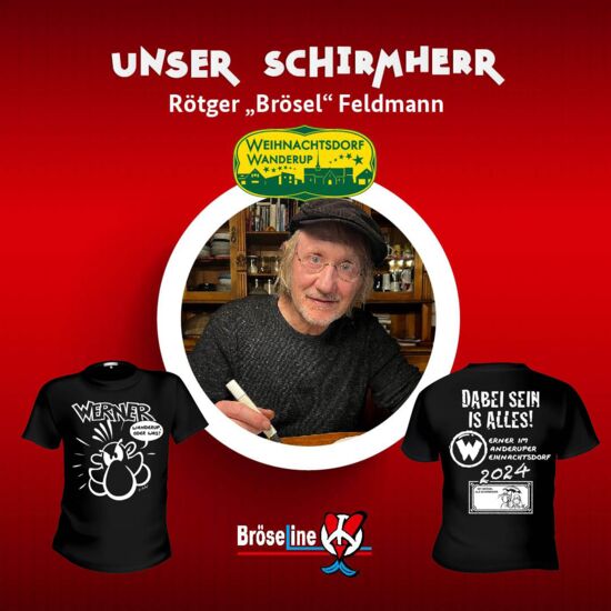 Brösel beim Zeichnen, Logo vom Weihnachtsdorf Wanderup und ein Werner T-Shirt mit Vorder- und Rückseite