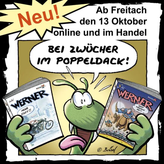 Blödi zeigt die zwei neuen Bücher: Bei Zwücher im Poppeldack!