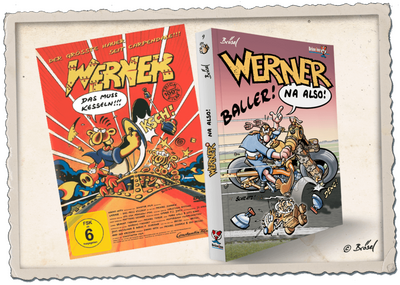 Collage vom Filmplakat WERNER – DAS MUSS KESSELN!!! und vom Werner-Buch NA ALSO!