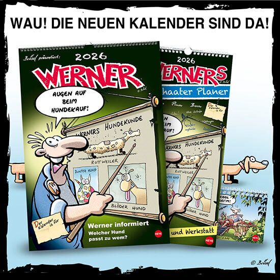 Collage vom Wandkalender und Werkstattplaner für 2026 mit dem Bild eines Hundes auf dem Deckblatt und dem Text: Wau! Die neuen Kalender sind da!